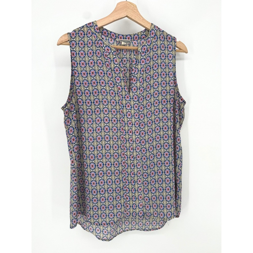 Pleione Sleeveless Blouse Women Size M Blue Medallion Print Split V-Neck Top